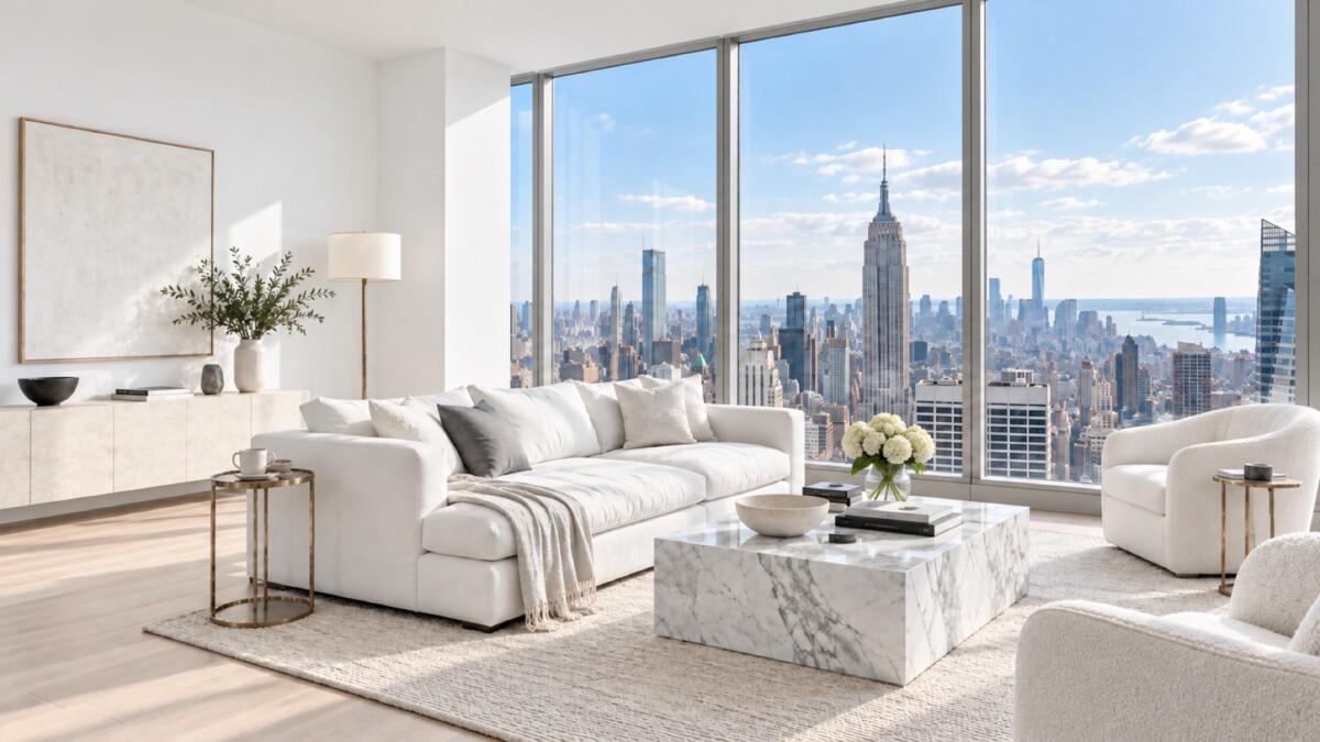 Manhattan apartment, bright neutral-white photography style (AI generated)